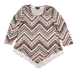 Womans Soft Knit Top Geometric Brown Peach Angular Hemline Size XL    JH1008